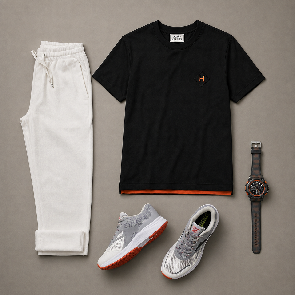 ست اسمارت کژوال مردانه HERMÈS مشکی با شلوار سفید INCEPTION و کفش Reebok