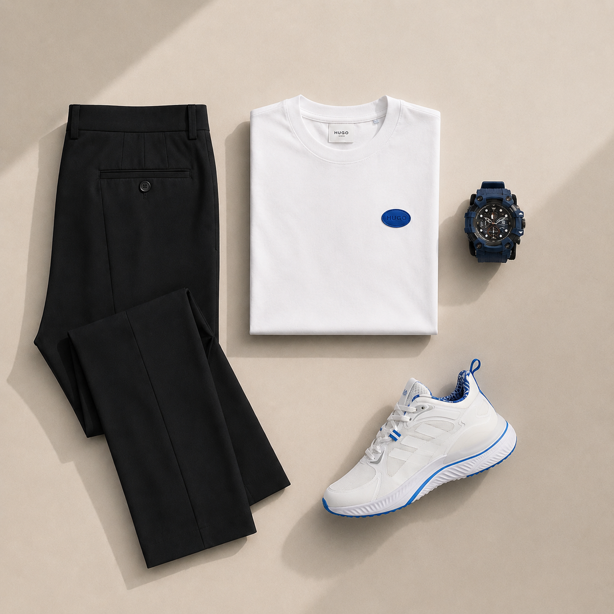 ست کژوال مردانه HUGO با شلوار مشکی نیم‌بگ و کفش Adidas سفید آبی