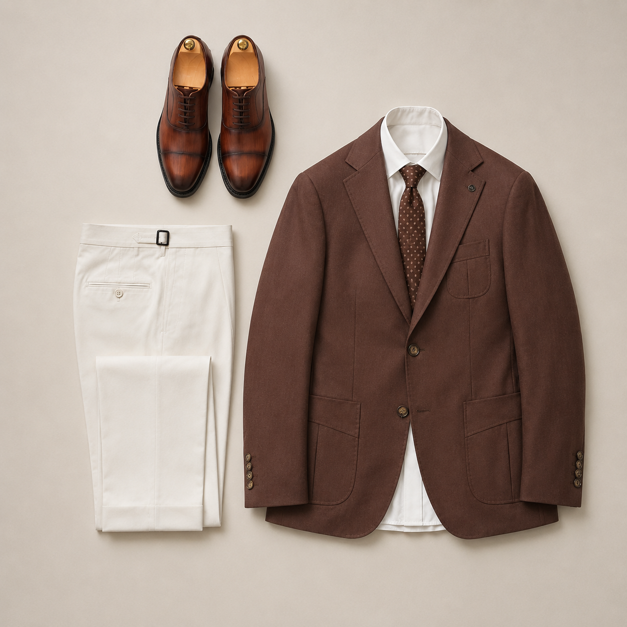 ست رسمی مردانه کت آجری SUIT SARTORIA با شلوار سفید، پیراهن نباتی و کفش دست‌رنگ قهوه‌ای